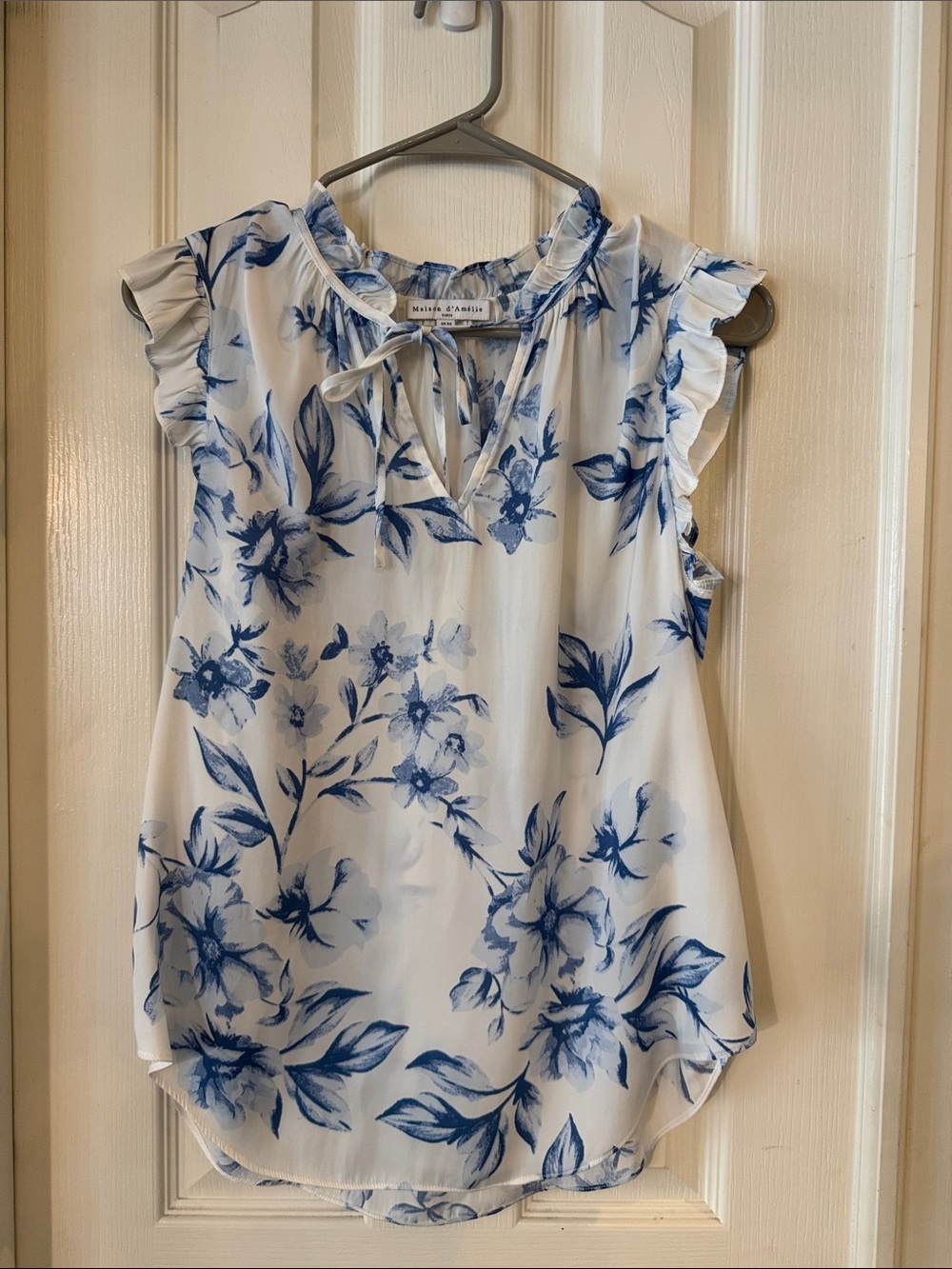 Madewell White and Blue Floral Ruffle Sleeve Tie-Neck Blouse